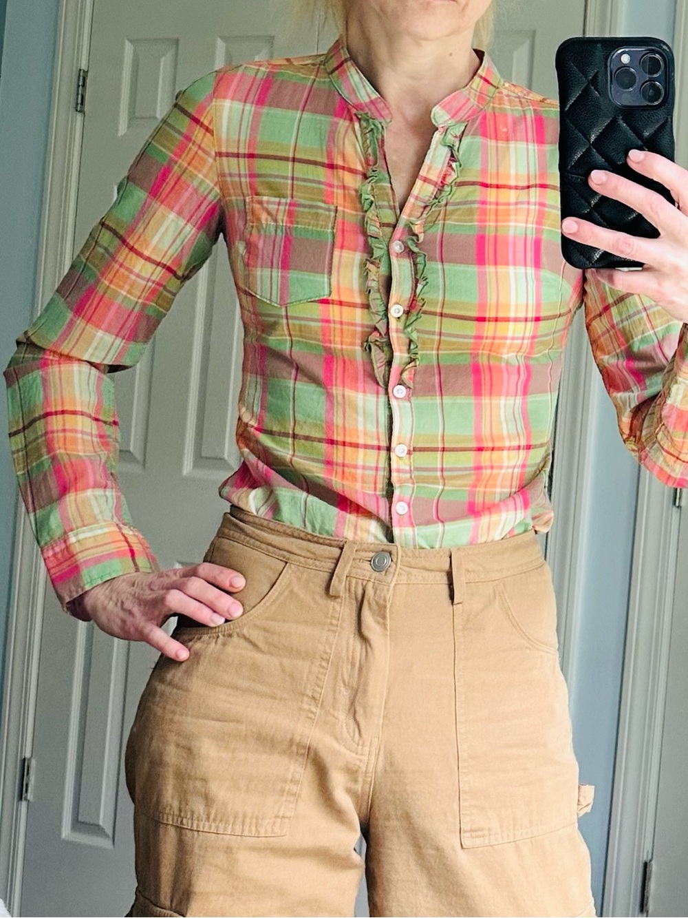 Ralph Lauren style Plaid Ruffle-Front Long Sleeve Shirt - Pink & Green XXS